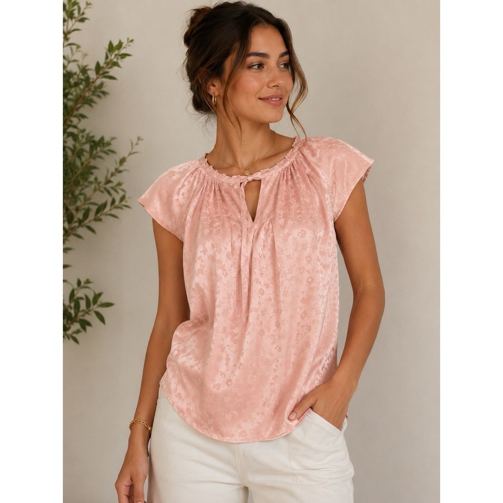 LC Lauren Conrad Pink Floral Jacquard Blouse Women's Medium Flutter Sleeve